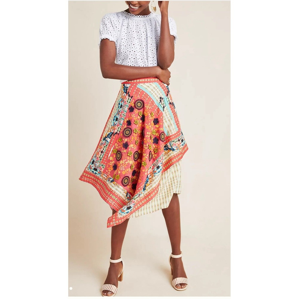 Bhanuni By Jyoti Anthropologie‎ Colorful Boho Art Applique Asymmetric Skirt Sz 8